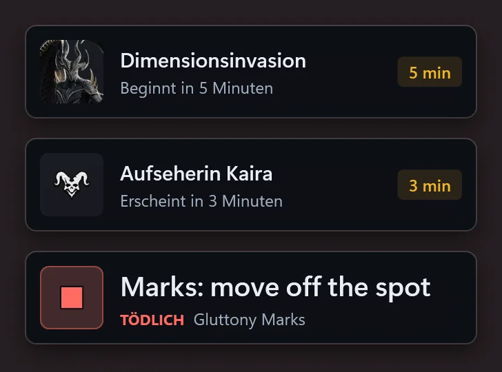 Drei übereinandergestapelte Warnungen von AionCore: Die Dimensionsinvasion beginnt in 5 Minuten, ein Feldboss erscheint in 3 Minuten, und eine tödliche Mechanik-Warnung mit der auszuführenden Aktion.