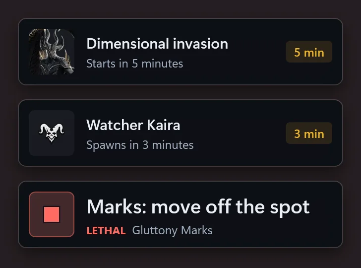 Three AionCore alerts stacked: the Dimensional invasion starts in 5 minutes, a field boss spawns in 3 minutes and a Lethal mechanic alert with the action to take.