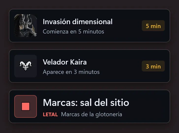Tres avisos de AionCore apilados: la Invasión dimensional empieza en 5 minutos, un jefe de campo aparece en 3 minutos y un aviso de mecánica Letal con la acción que hay que hacer.