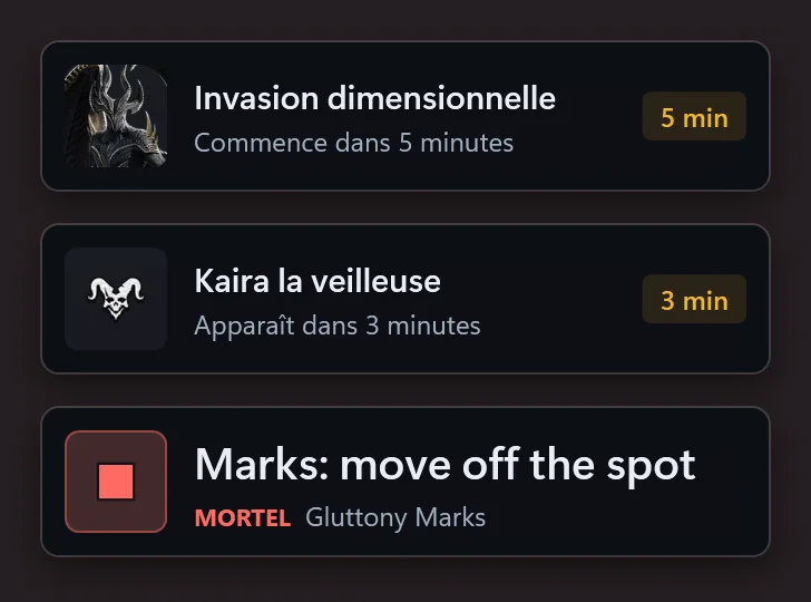 Trois alertes d’AionCore empilées : l’Invasion dimensionnelle commence dans 5 minutes, un boss du monde ouvert apparaît dans 3 minutes et une alerte de mécanique Mortelle avec l’action à faire.