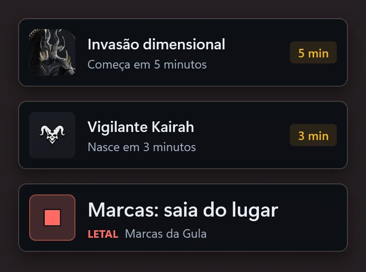 Três avisos do AionCore empilhados: a Invasão dimensional começa em 5 minutos, um chefe de campo nasce em 3 minutos e um aviso de mecânica Letal com a ação a fazer.