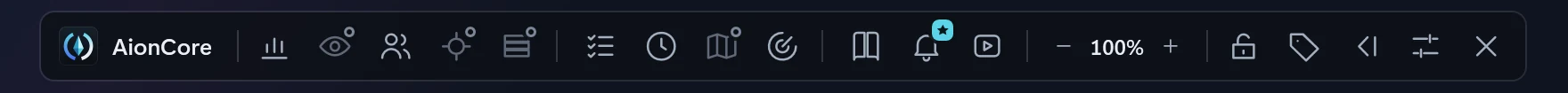 The AionCore bar, with the name on the left, a row of icon buttons, the opacity control at 100%, the padlock and the collapse, settings and close buttons.