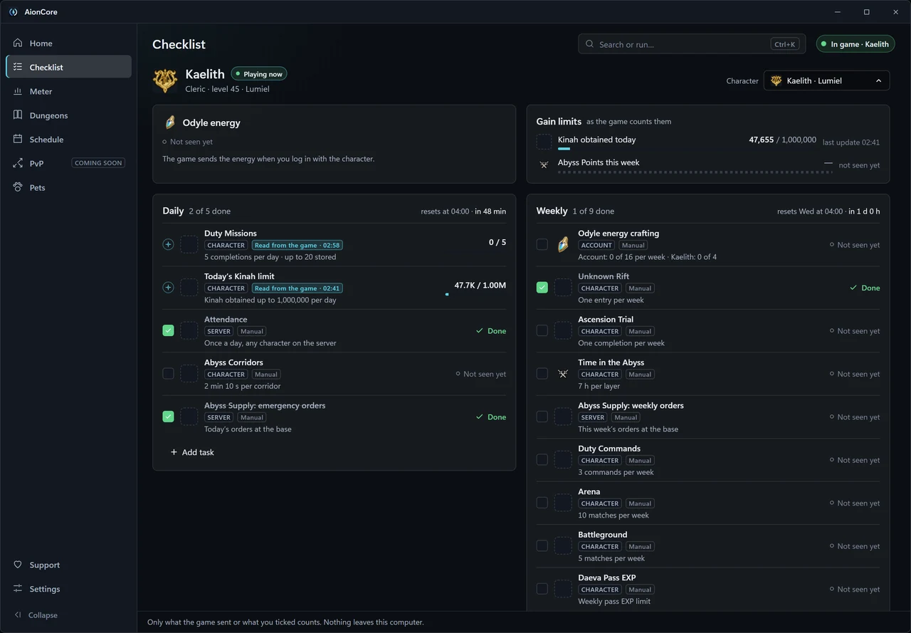 The AionCore Checklist, with the Odyle energy and Gain limits cards and the Daily and Weekly lists, each task tagged Read from the game or Manual.