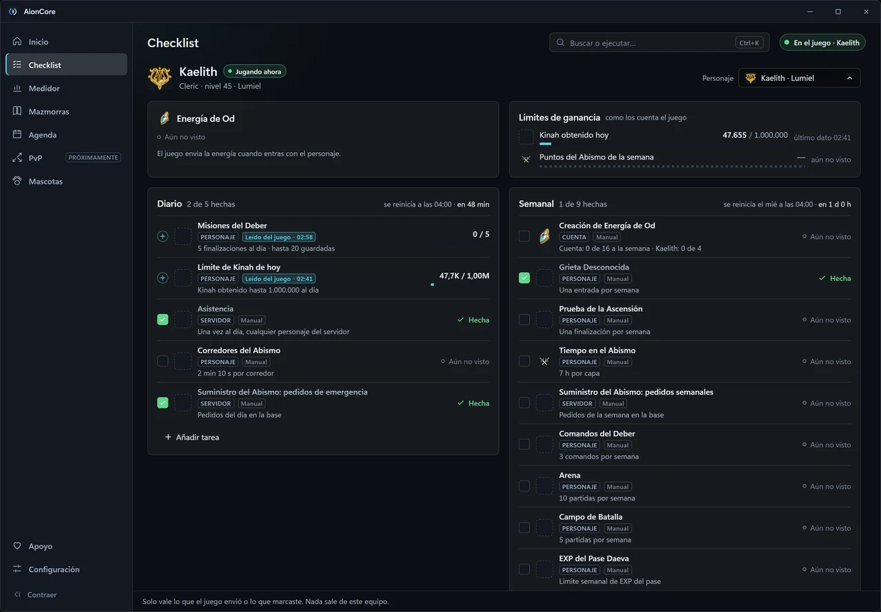El Checklist de AionCore, con las tarjetas de Energía de Od y de límites de ganancia y las listas Diario y Semanal, cada tarea con la etiqueta Leído del juego o Manual.