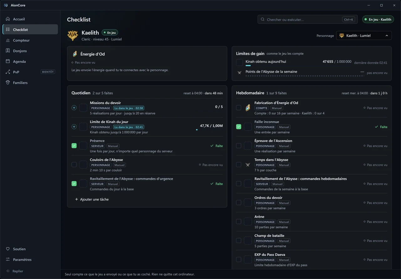 La checklist d’AionCore, avec les cartes Énergie d’Od et Limites de gain et les listes Quotidien et Hebdomadaire, chaque tâche portant l’étiquette Lu dans le jeu ou Manuel.