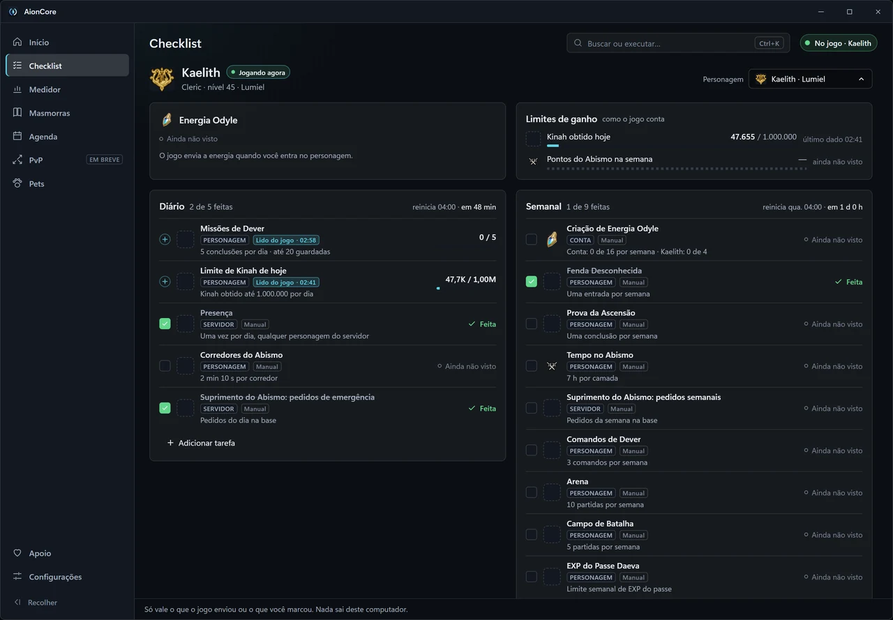O Checklist do AionCore, com os cartões de Energia Odyle e de limites de ganho e as listas Diário e Semanal, cada tarefa com o selo Lido do jogo ou Manual.