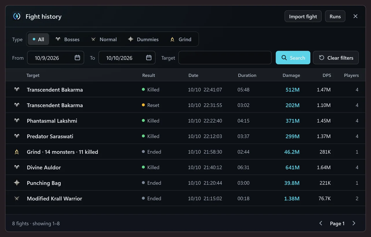AionCore's Fight history window: the type filter (All, Bosses, Normal, Dummies, Grind), the dates and the target, and eight fights from one evening with the result, date, duration, damage, DPS and number of players.