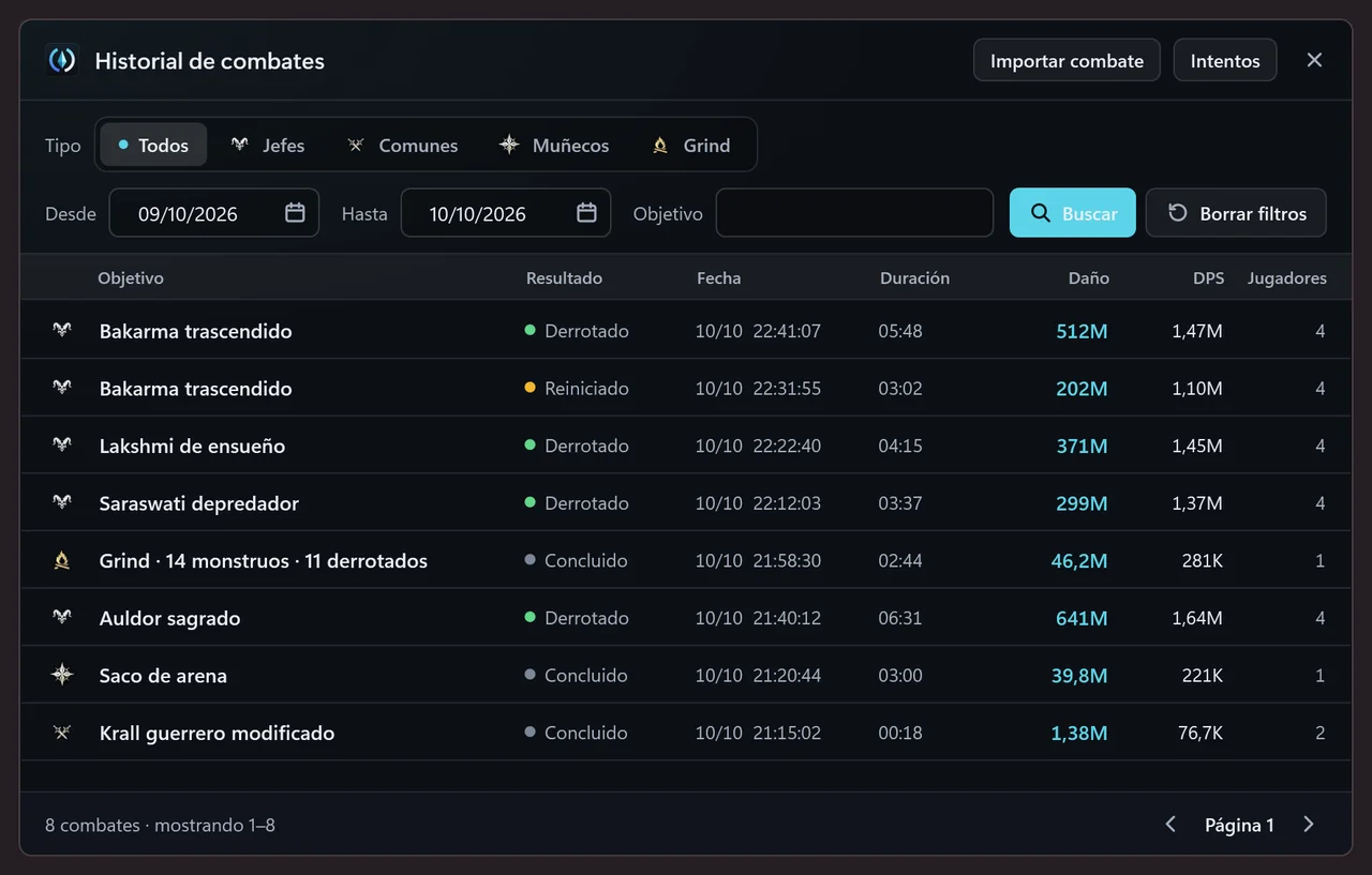 Ventana Historial de combates de AionCore: el filtro por tipo (Todos, Jefes, Comunes, Muñecos, Grind), las fechas y el objetivo, y ocho combates de una noche con el resultado, la fecha, la duración, el daño, el DPS y el número de jugadores.