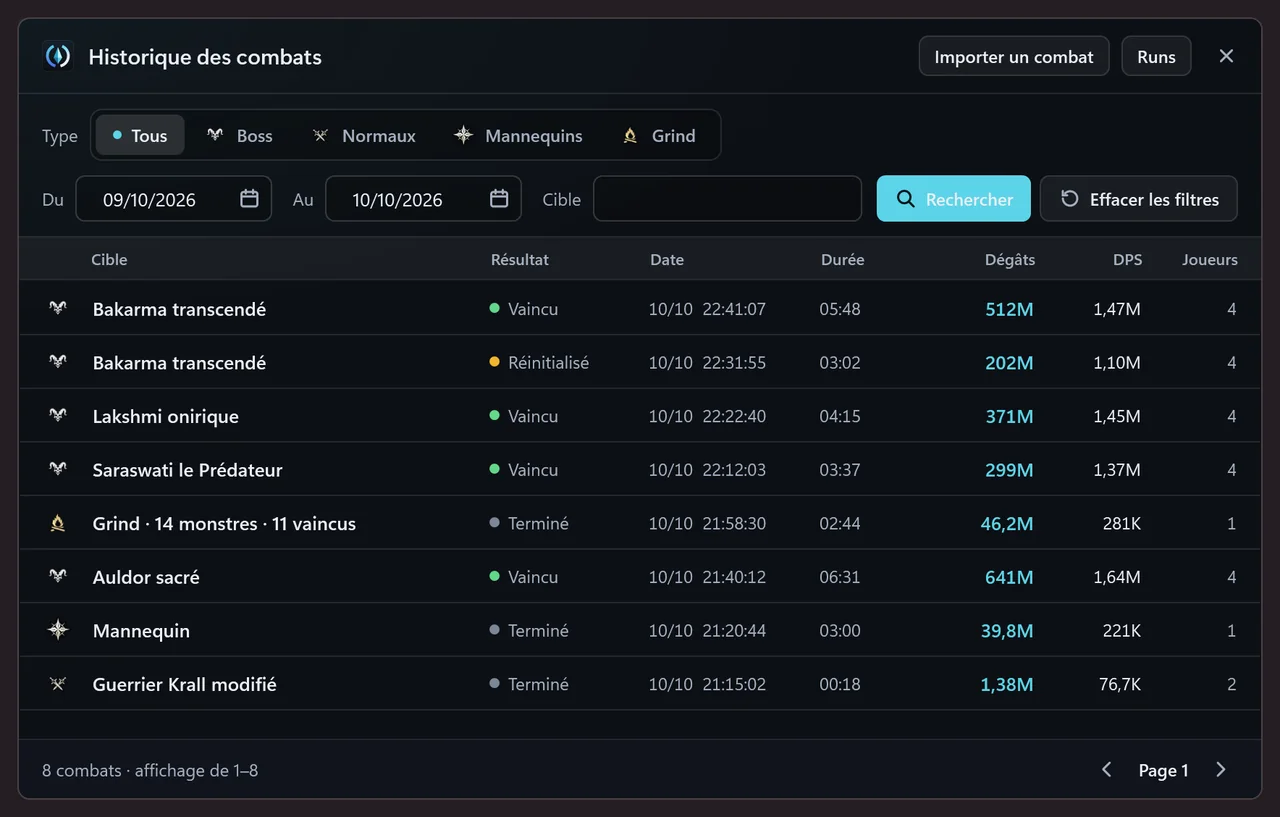 Fenêtre Historique des combats d’AionCore : le filtre par type (Tous, Boss, Normaux, Mannequins, Grind), les dates et la cible, et huit combats d’une soirée avec le résultat, la date, la durée, les dégâts, le DPS et le nombre de joueurs.