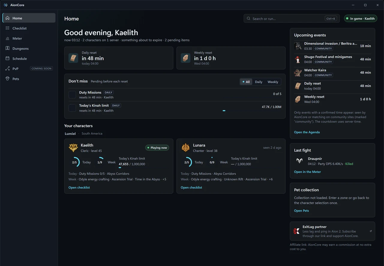 The AionCore main window on the Home tab, with sample data: Ctrl+K search, the daily and weekly resets, the tasks pending before each reset, cards for two characters, upcoming events, the last fight and the ExitLag partner card.