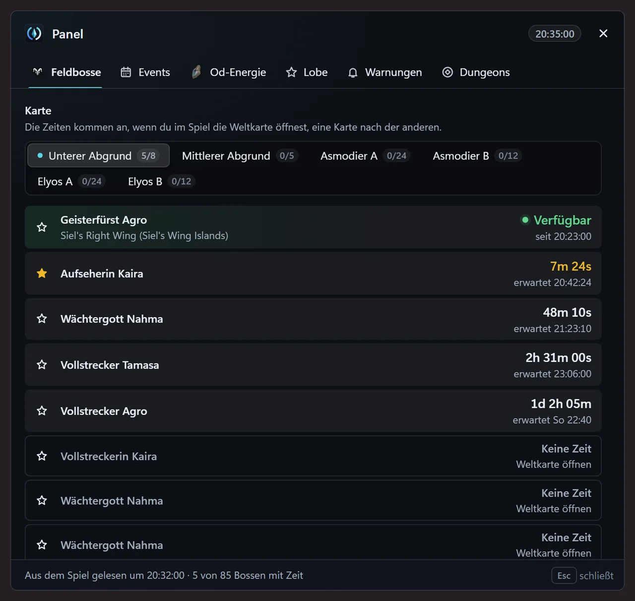 Tab „Feldbosse“ im Panel von AionCore: die Karten des Abgrunds und der Fraktionen und die Liste der Bosse mit der verbleibenden Zeit und der voraussichtlichen Uhrzeit, einer schon verfügbar, einer mit dem Stern des Hinweises markiert und die, die noch keine Zeit haben.