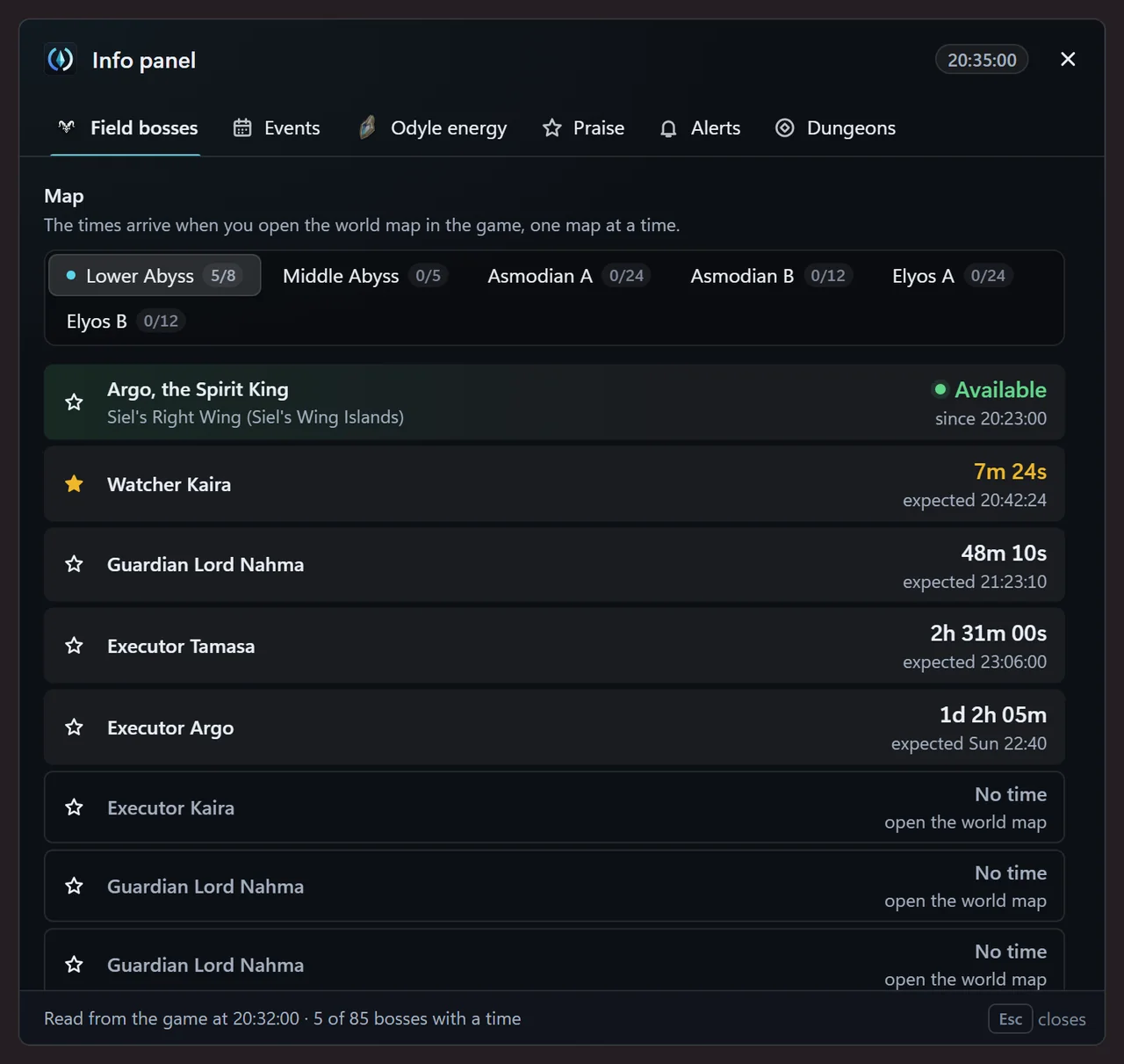 Field bosses tab of the AionCore Info panel: the Abyss and faction maps and the list of bosses with the time left and the expected time, one already available, one starred for an alert and the ones with no time yet.