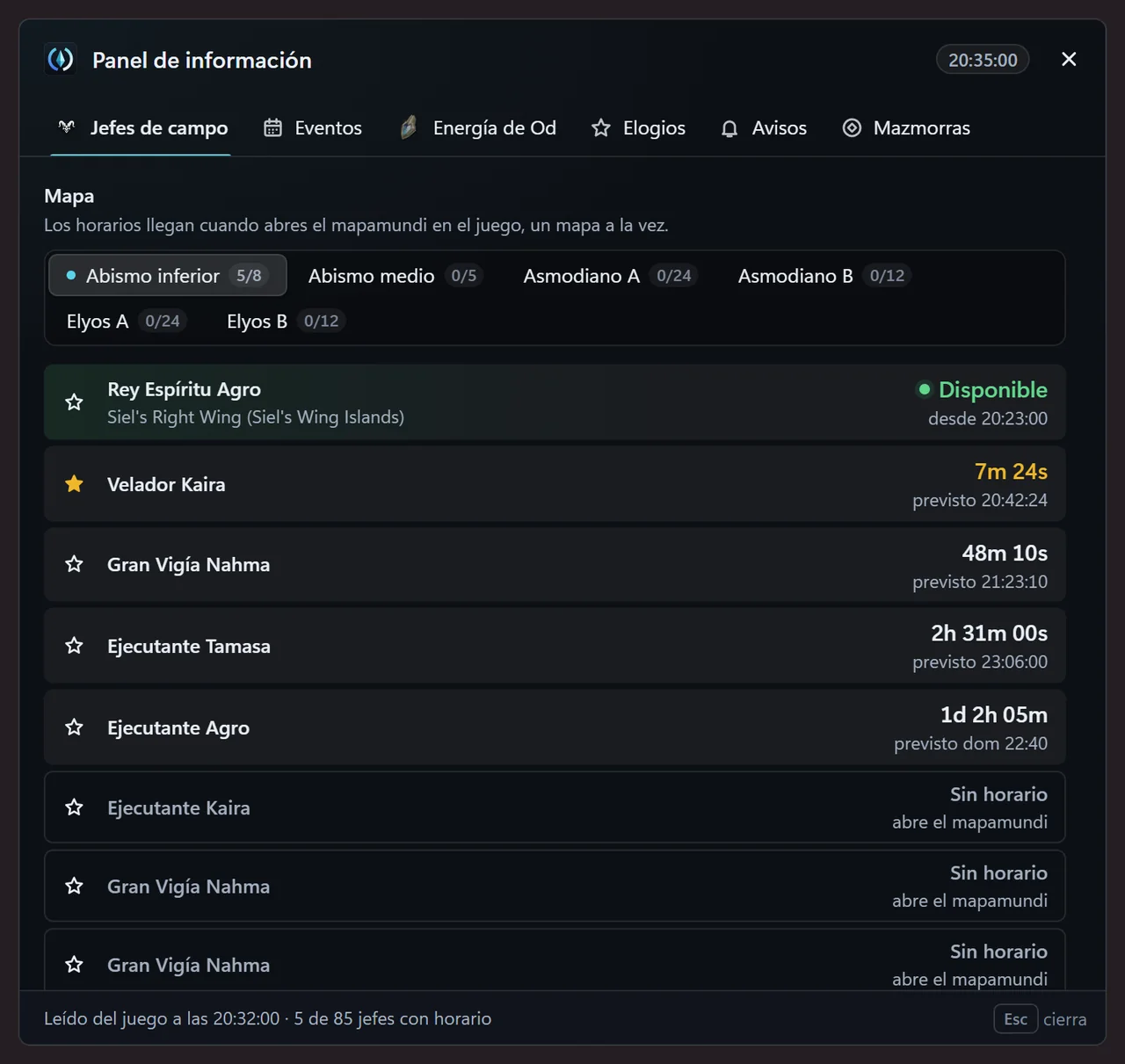 Pestaña Jefes de campo del Panel de información de AionCore: los mapas del Abismo y de las facciones y la lista de jefes con cuánto falta y la hora prevista, uno ya disponible, uno marcado con la estrella del aviso y los que aún no tienen hora.