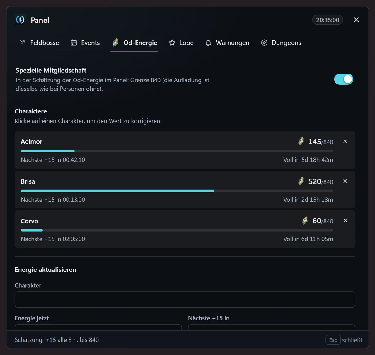 Tab „Od-Energie“ im Panel von AionCore: drei Charaktere mit der Energie, dem Balken bis zum Limit, der Zeit bis zur nächsten Aufladung und wann sie voll ist, und dem Formular zum Aktualisieren.