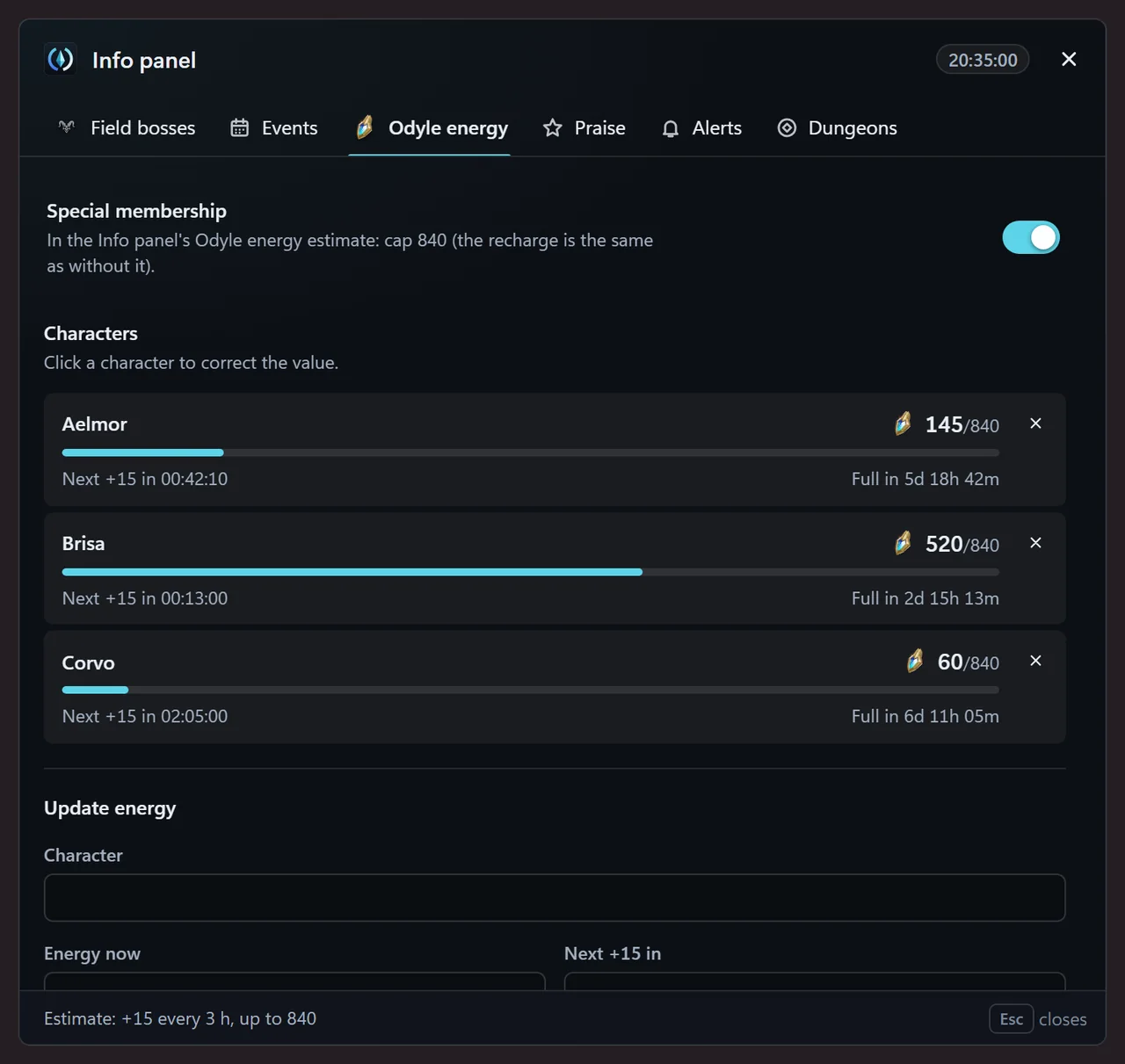Odyle energy tab of the AionCore Info panel: three characters with their energy, the bar up to the cap, the time to the next recharge and when it fills up, and the form to update it.
