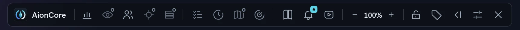 The AionCore bar, with the name on the left, a row of icon buttons, the opacity control at 100%, the padlock and the collapse, settings and close buttons.