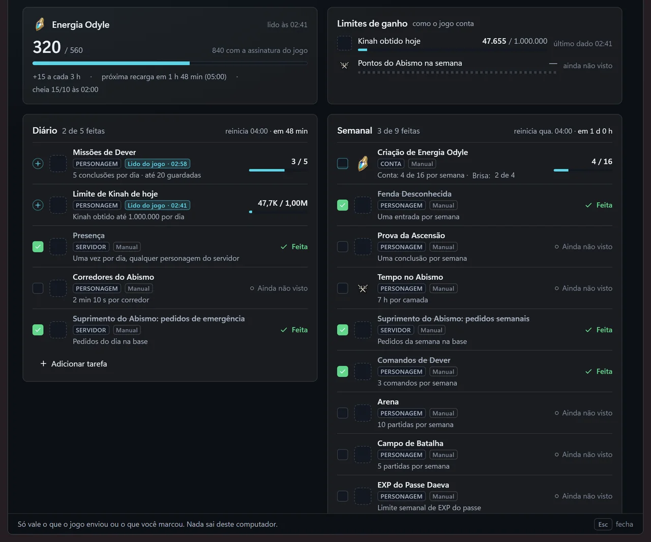 The AionCore Checklist, with the Odyle energy and Gain limits cards and the Daily and Weekly lists, each task tagged Read from the game or Manual.